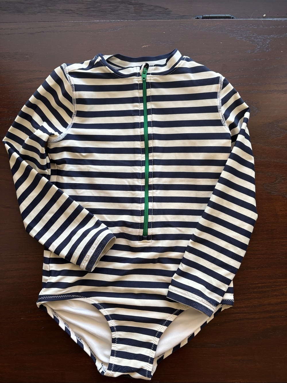 Primary Navy & White Striped Long-Sleeve One-Piece Swimsuit with Green Zip